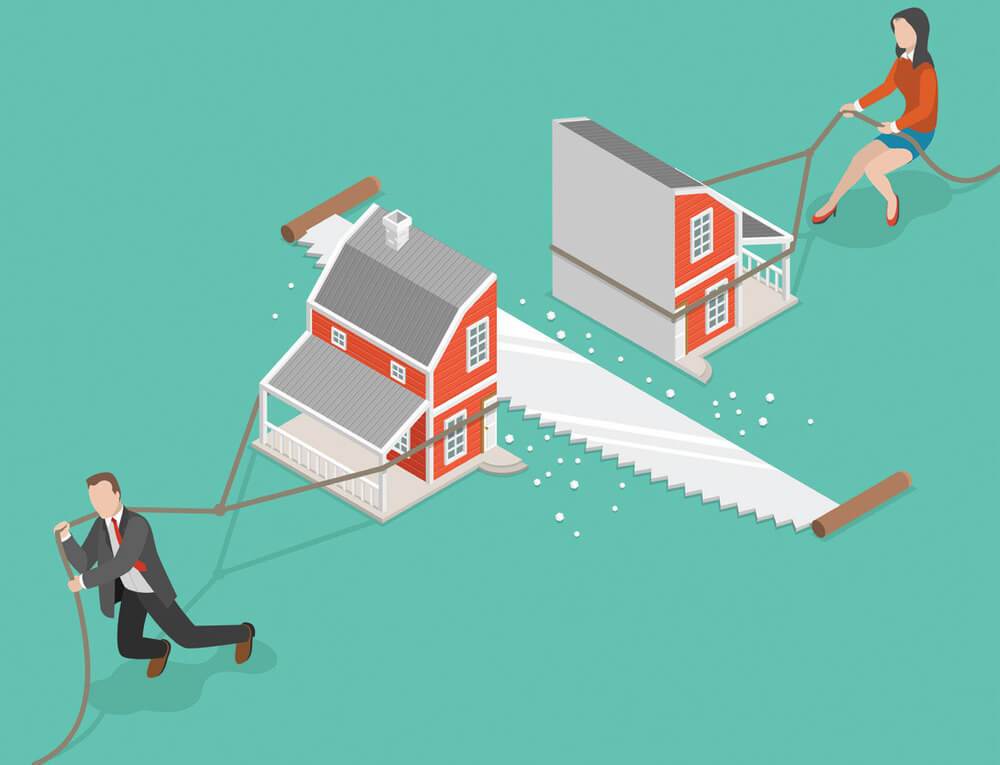 Divorce flat isometric vector concept. Man and a woman are dragging their half of the sawn house.