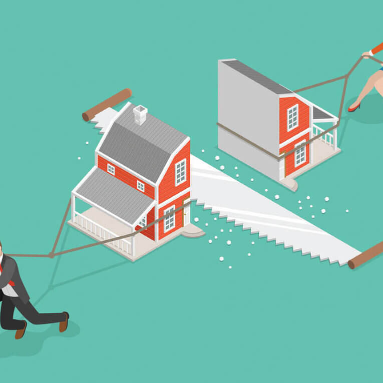 Divorce flat isometric vector concept. Divorce flat isometric vector concept. Man and a woman are dragging their half of the sawn house.