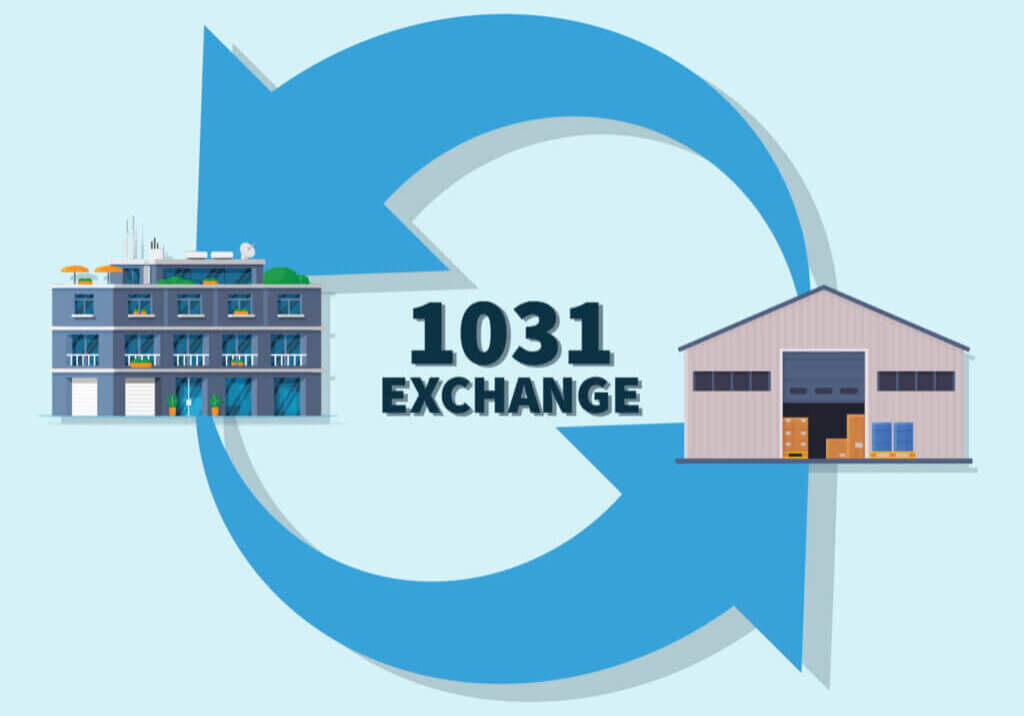 1031 Exchange graphic depicting the swap of an industrial building for a multifamily building