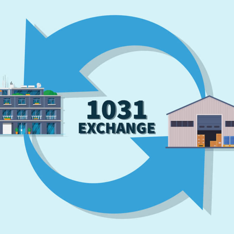 1031 exchange 1031 Exchange graphic depicting the swap of an industrial building for a multifamily building